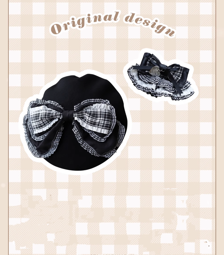 Lolita Beret Retro Bow Hat Black And White Plaid Hat 39650:635570