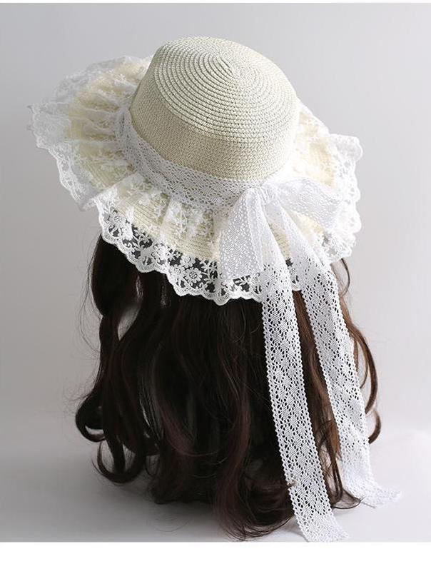 Mori Kei Sunhat Country Lolita Lace Frill Straw Hat With Ribbon Bow 42248:735441