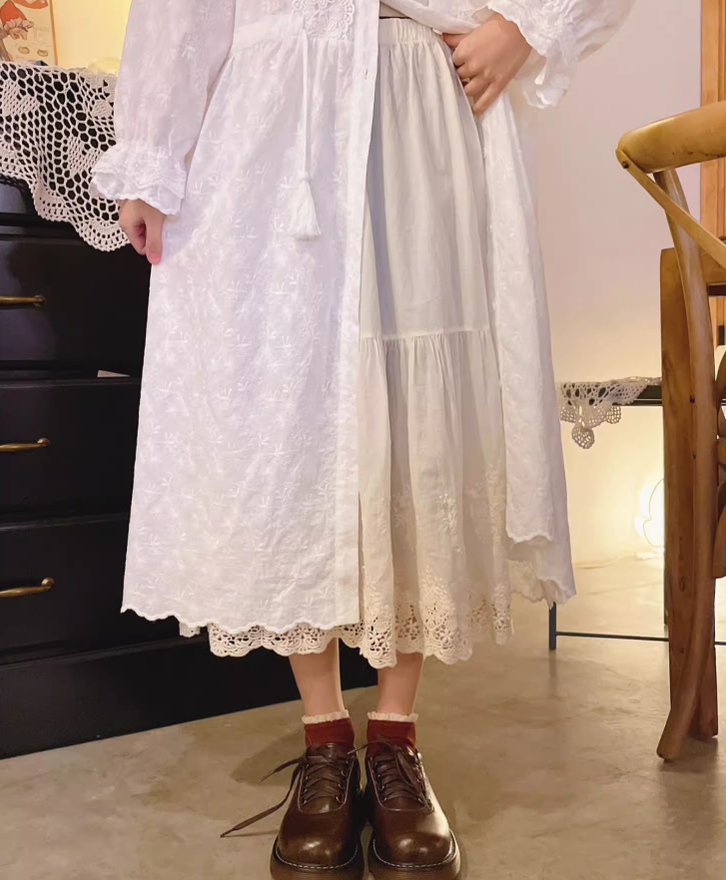 Mori Kei Underskirt Cotton Hollow Lace Spliced Skirt 36220:524772