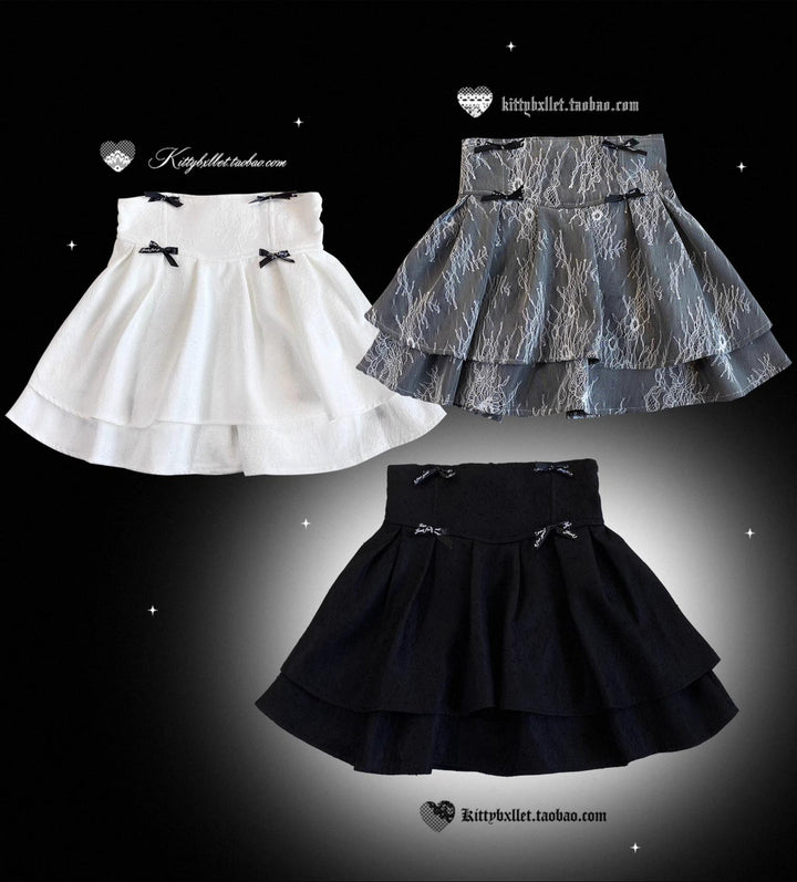 Jirai Kei Double-layered Skirt With Lace And Bow Details (Black Gray White) 43073:766259