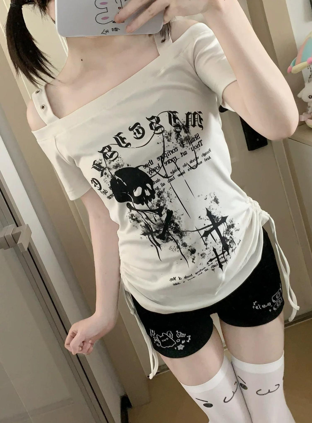 Subculture Skull Printed T-Shirt, Side Drawstring 45643:858243