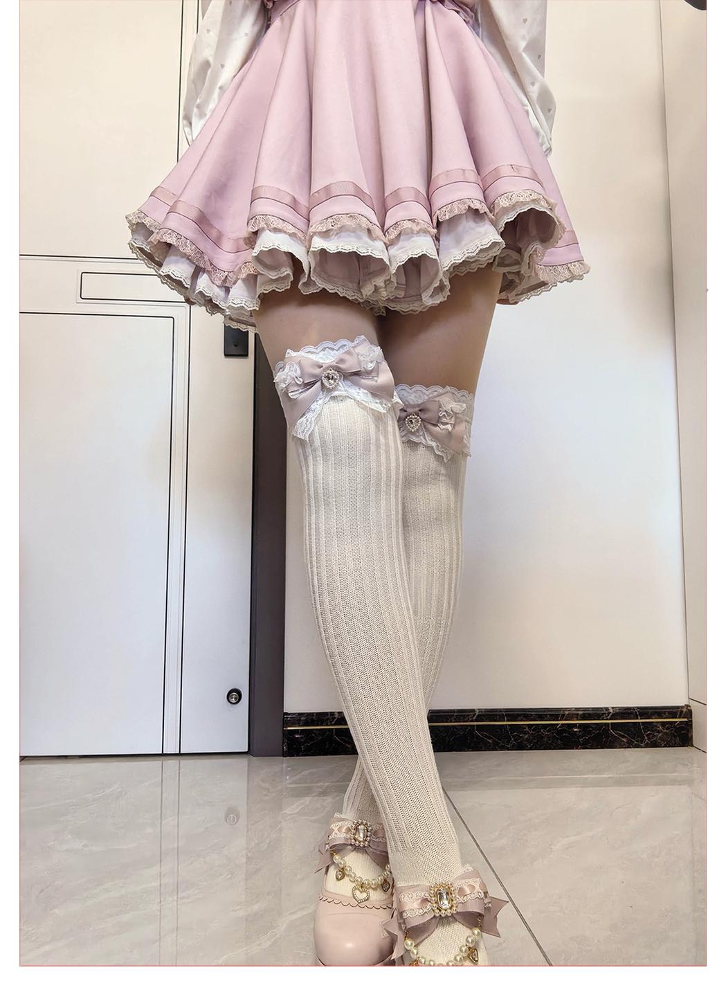 Jirai Kei Over-the-Knee Knit Socks, Bow & Lace 46069:875529