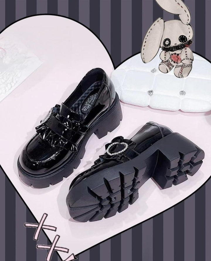 Jirai Kei High Platform Shoes, Heart Rhinestone Buckle 43787:785737