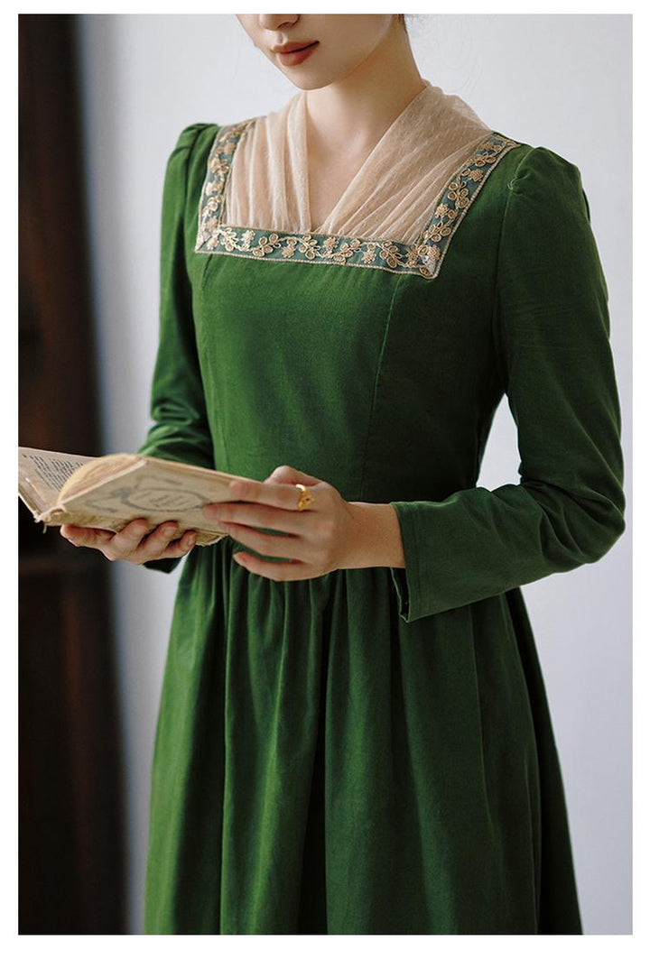 Retro Prom Dress Green Elegant Corduroy Court Dress 42200:732869