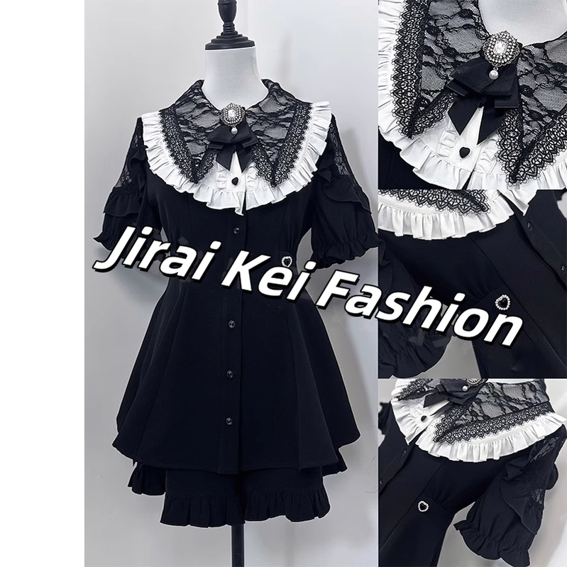 Jirai Kei Dress Set Black Lace Dress And Shorts Set (L M XL XXL) 39504:628748