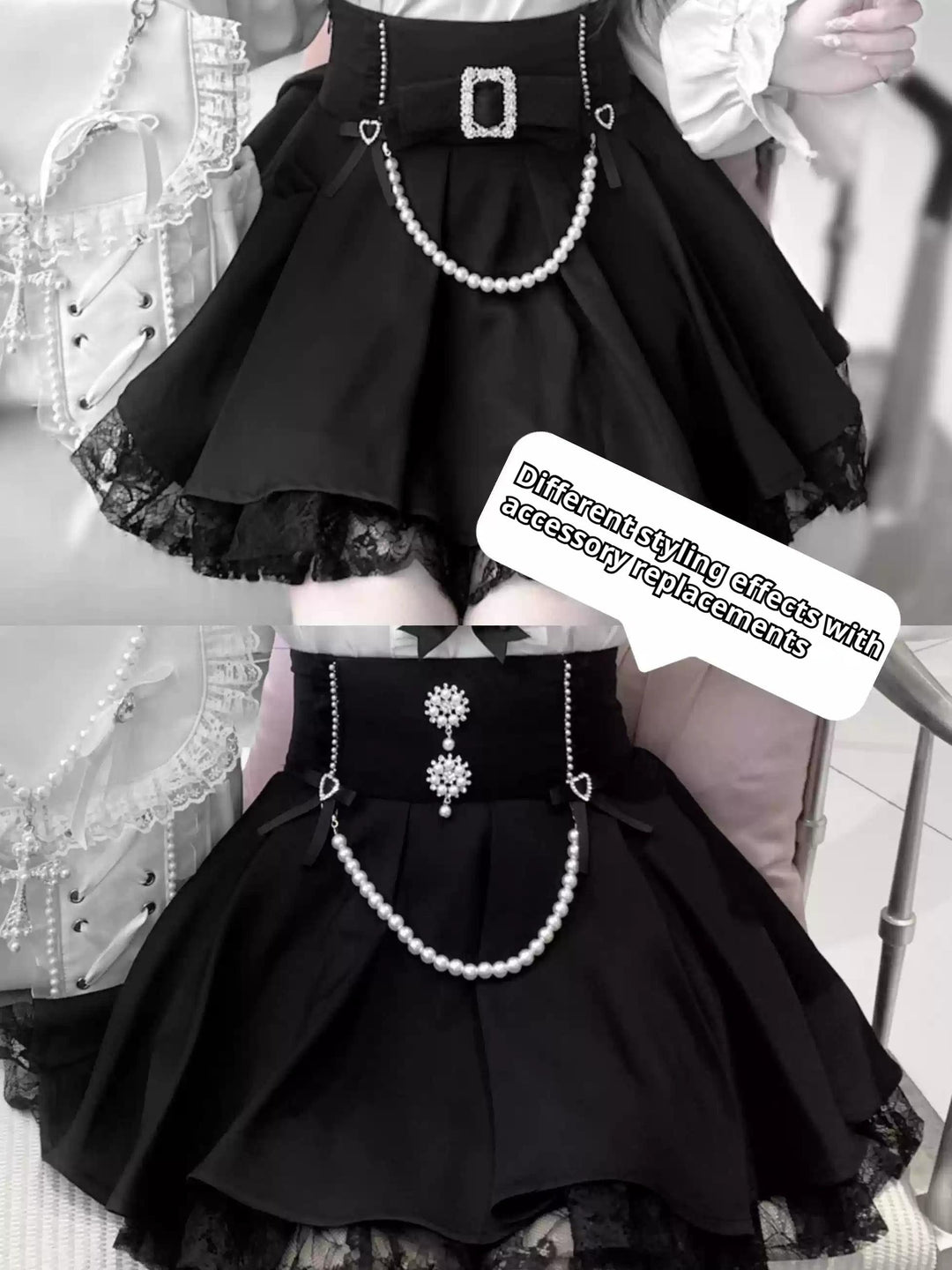 Jirai Kei Shirt Open Shoulder Blouse Chain Black Skirt Heart Choker (L M XL) 42164:734093