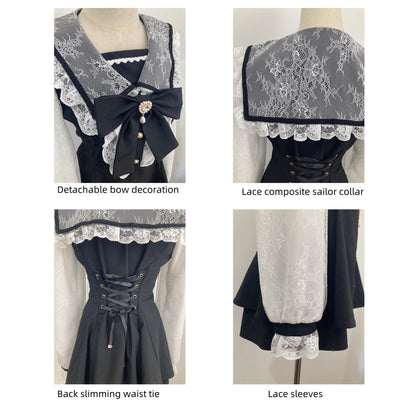 Black Jirai Kei Set Lace Sleeve Sailor Collar Dress Shorts 37650:568136