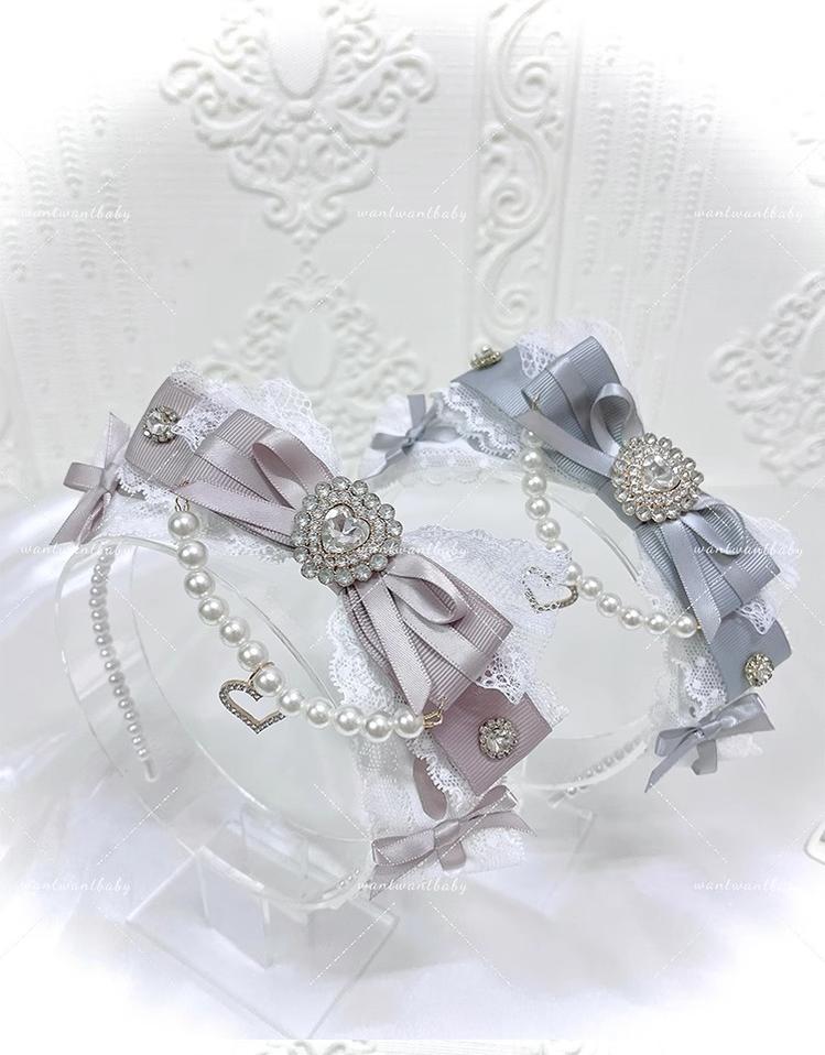 Jirai Kei Pearl Headband With Heart-Shaped Rhinestone & Bow 43296:772572