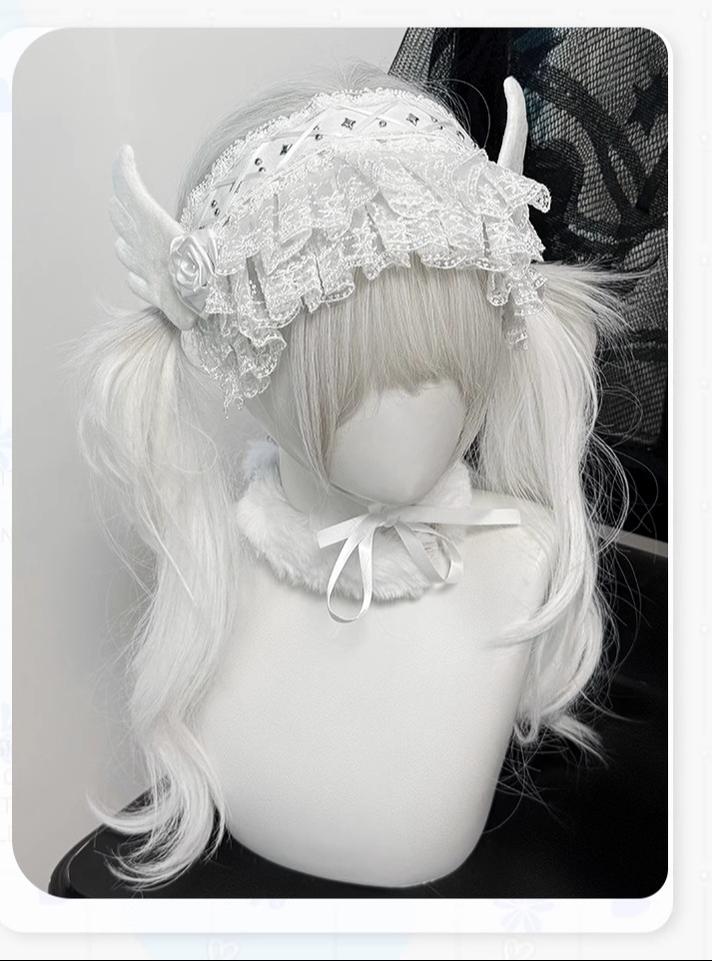 White Gothic Jirai Kei Hairband with Angel Wings and Rose 42322:737152