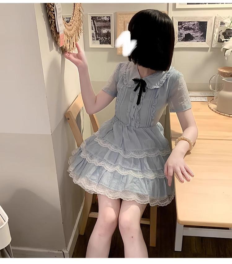 Sweet Style Lace Trim Dress, Tiered Ruffles 43546:779191