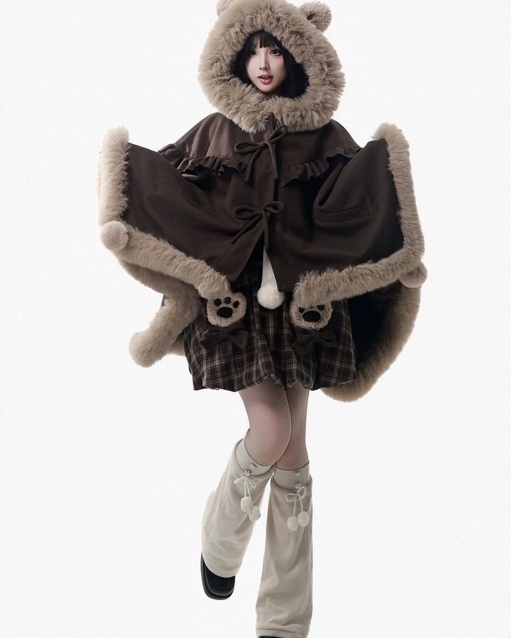 Winter Plaid Suspender Bubble Skirt, Bear Ear Plush Cape 45991:872204
