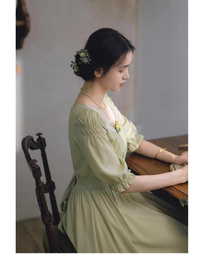 Mori Kei Dress Elegant Dress Matcha Green Lace Trim Dress 36344:547258