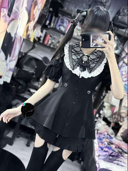 Jirai Kei Full Set Short Sleeve Puritan Collar Black Dress Set 37842:573644
