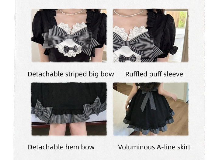 Black Jacquard A-Line Fluffy Dress, Striped Bows 45349:849911