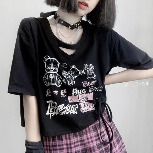Jirai Kei T-shirt Bear Printed Short Sleeve Top For Summer 37570:563310