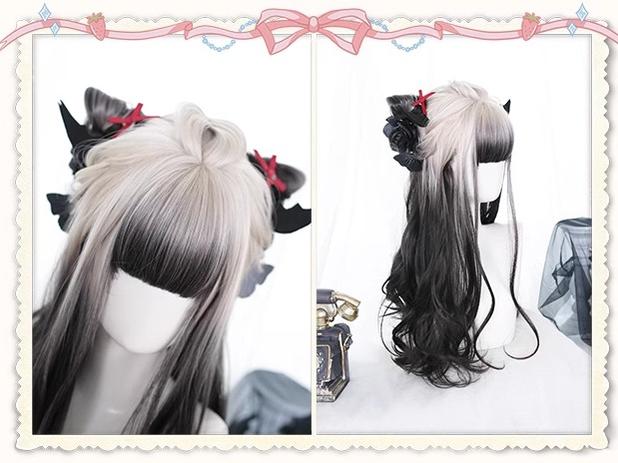 Lolita Wig Long Wavy Black White Wig Girl Curly Hair 35616:496232 35616:496232