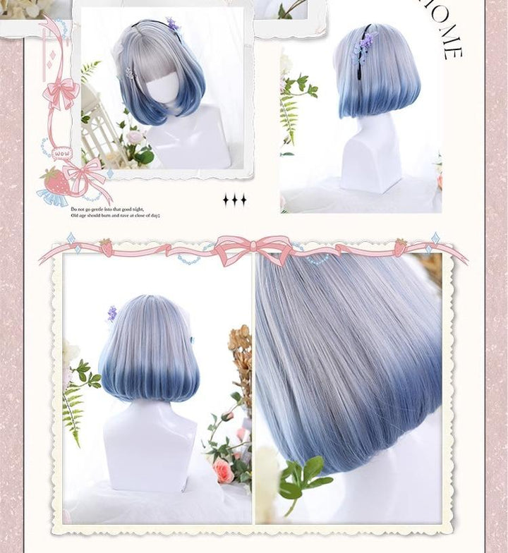 Lolita Fashion Black/Gray/Light Blue Air Bangs Bob Wig 22810:330572 22810:330572