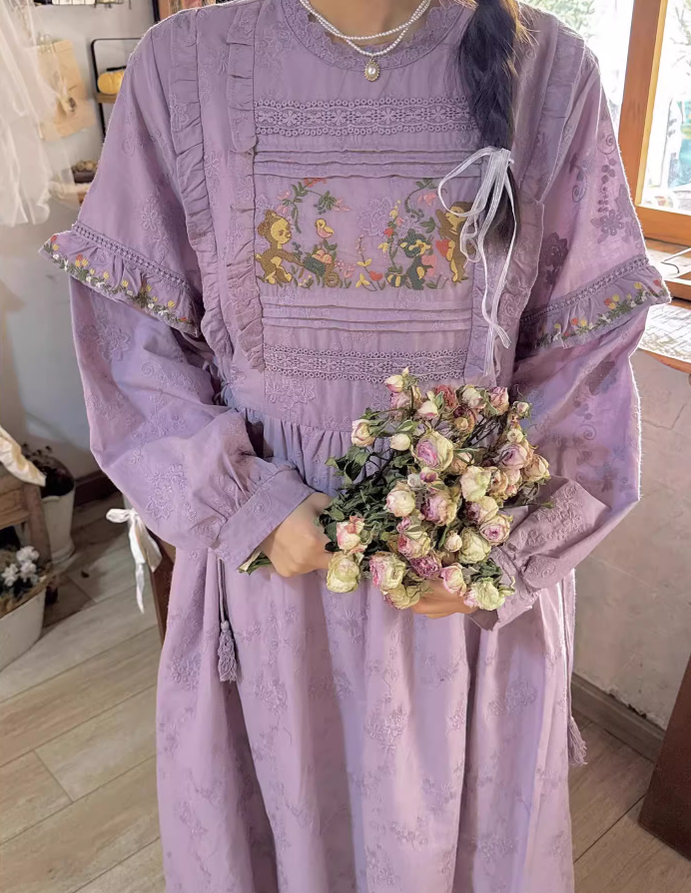 Mori Kei Dress Cottagecore Dress Purple Embroidered Dress 36248:534788