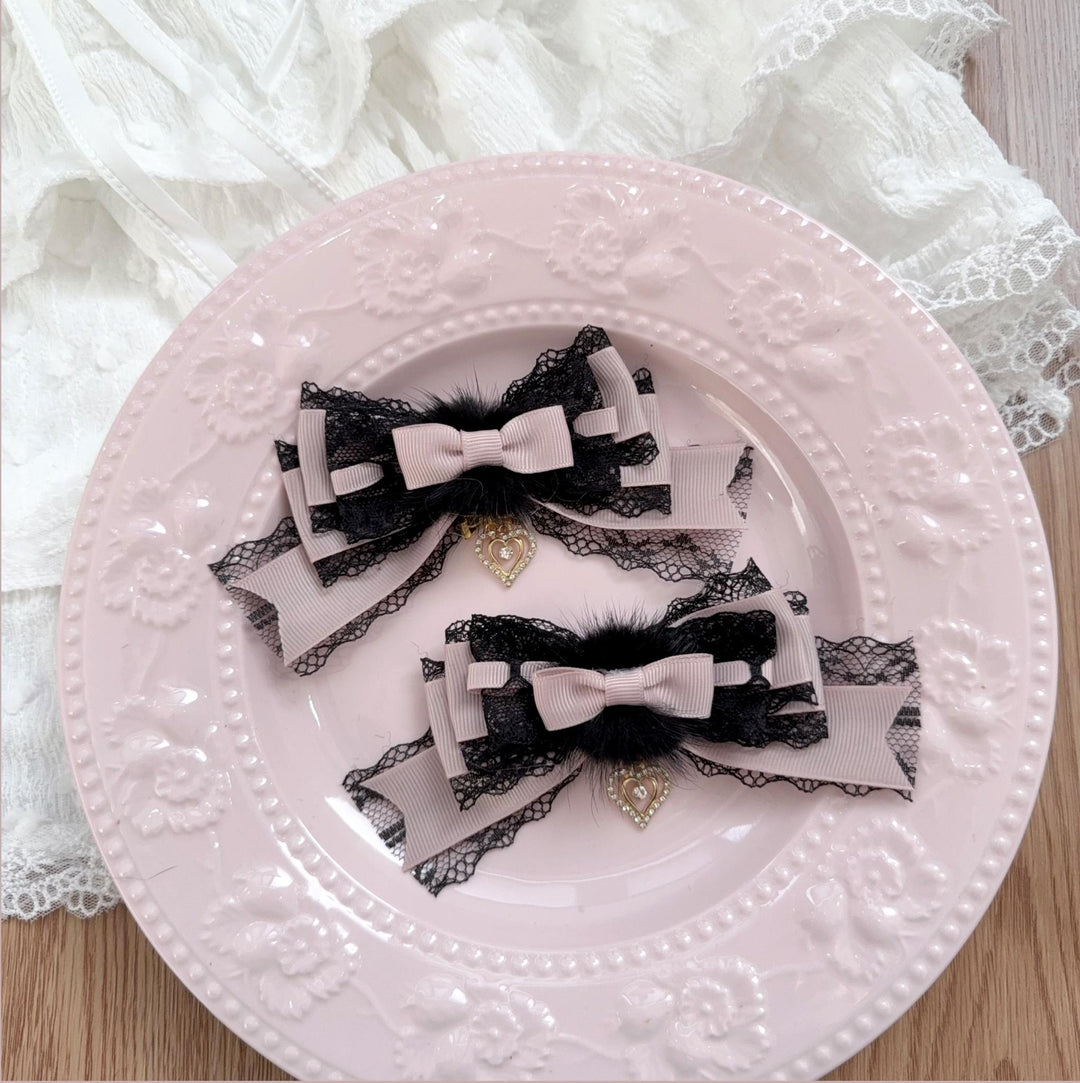 Jirai Kei Layered Bow Hair Clip, Soft Pom-pom 45566:855097