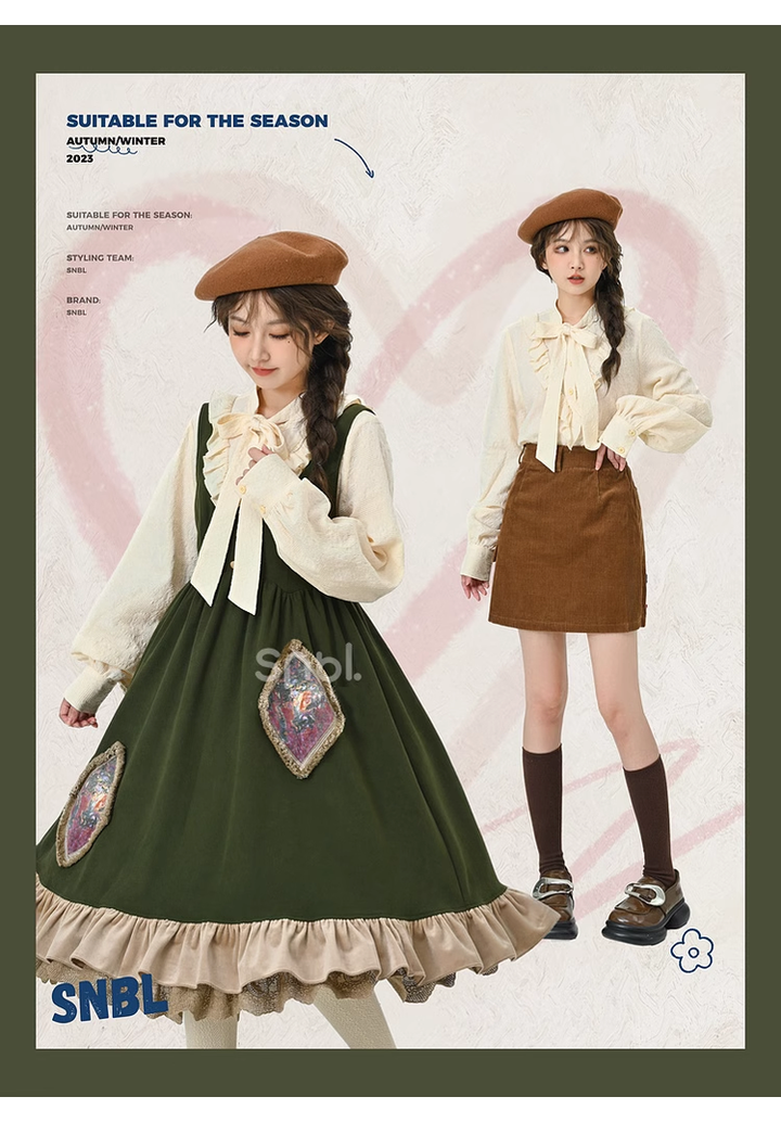 Mori Kei Dress Green Suspender Dress Apricot Blouse 39312:643768