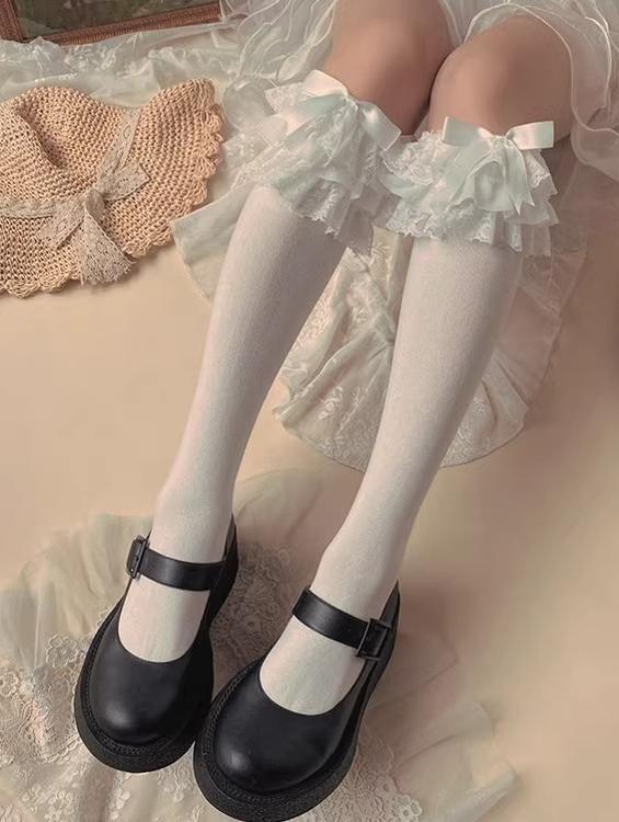 Lolita Socks Layers Lace Frill Cotton Mid-Calf Socks With Bows 42243:734847