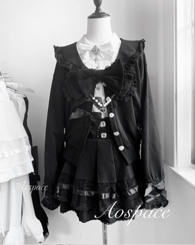 Jirai Kei Jacket Sailor Collar Coat Lace Bow Knot Jacket (Black) 42148:730705