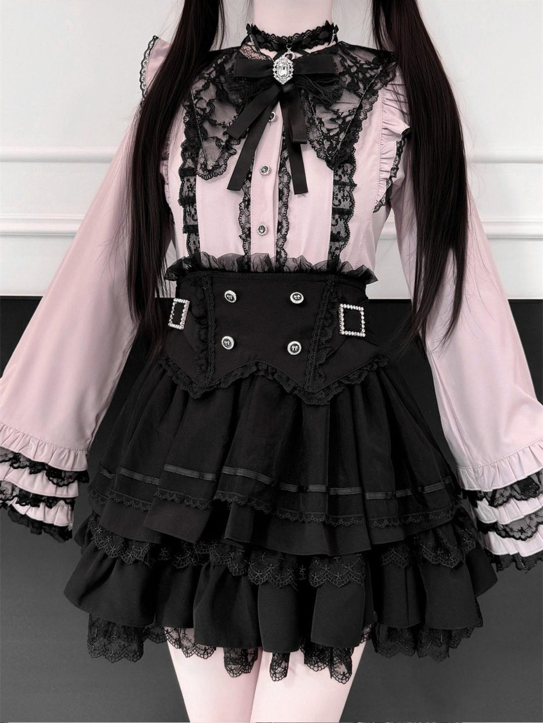 Jirai Kei Lace Blouse, High-Waist Tiered Skirt 44525:811448