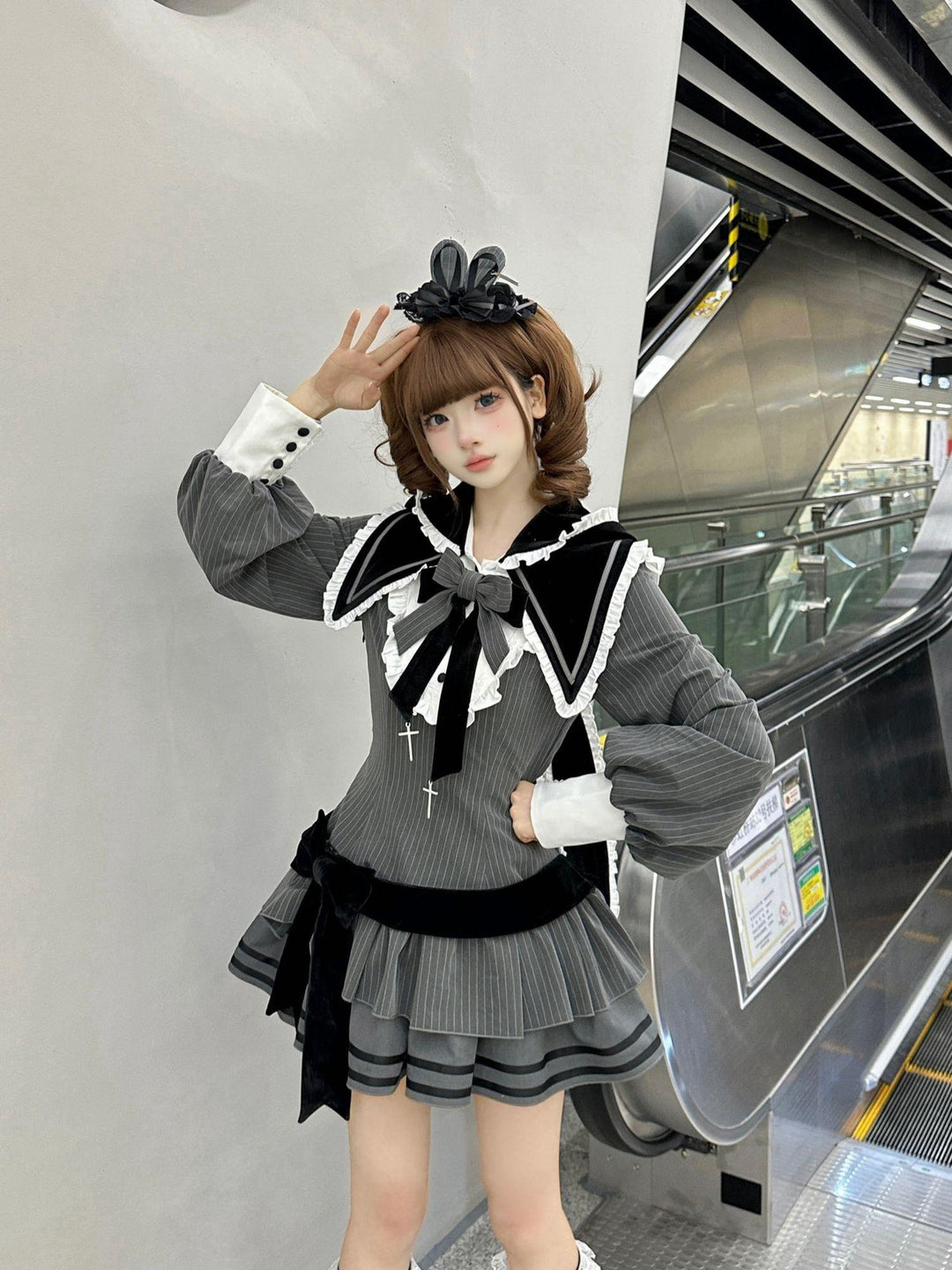 Kawaii Lolita Dress Grey OP With Long Bunny Ears and Plush Ball 42320:738117