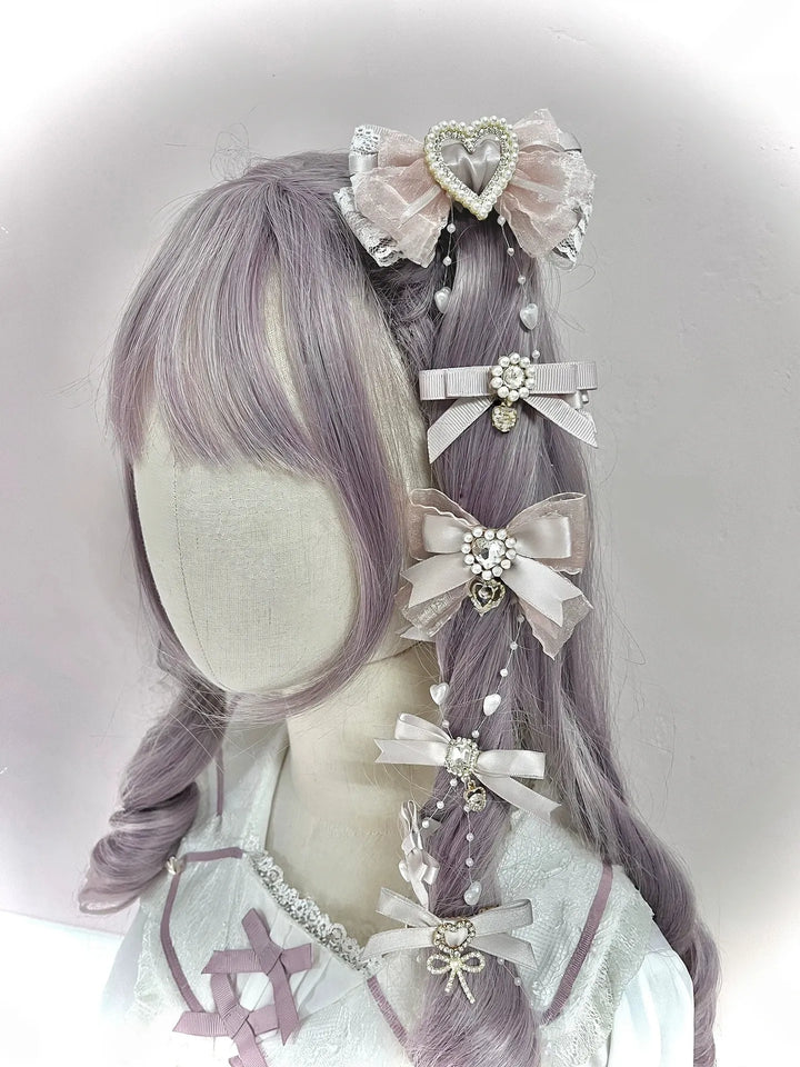 Jirai Kei Bow Hair Clips Set, Rhinestone & Pearl Accent 45776:866495