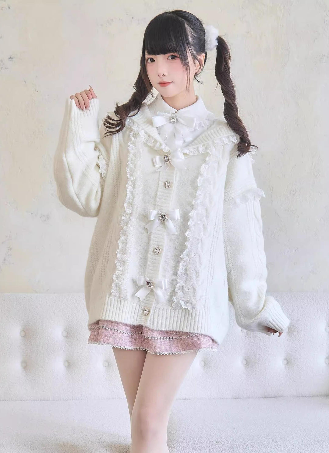 Jirai Kei Sweater Lace Sailor Collar Cardigan With Bows (M) 41682:711794