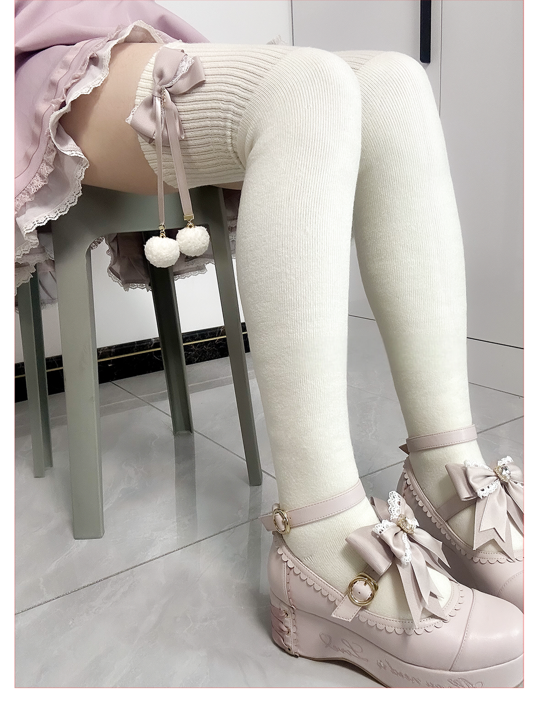 Jirai Kei Knee Socks Thick Plush Padded Bow Socks 40890:679122