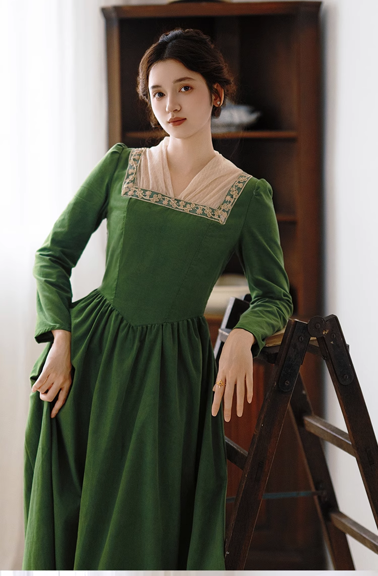 Retro Prom Dress Green Elegant Corduroy Court Dress 42200:732884