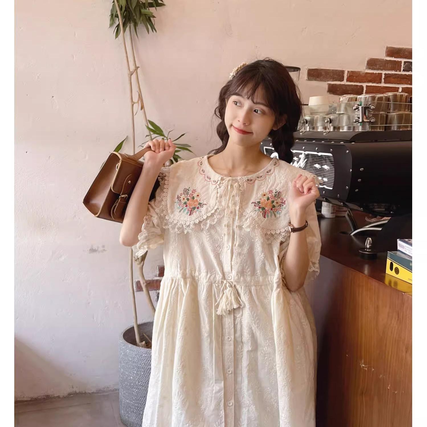 Mori Kei Dress Cottagecore Dress Short Sleeve Dress 36212:524340