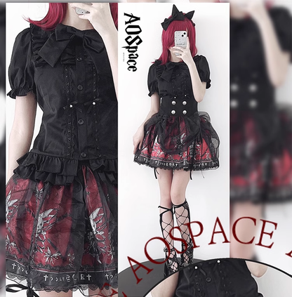 Black Lolita Skirt High-Waisted Print Skirt With Lace Trim 37562:563918