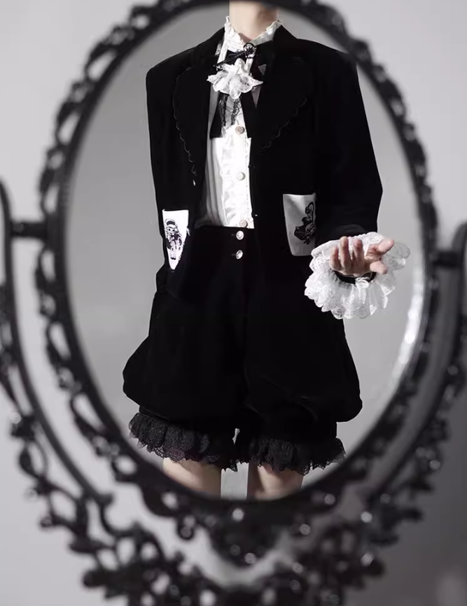 Ouji Lolita Prince Outfit Set Black Skirt Velvet Shorts Set 39368:632024