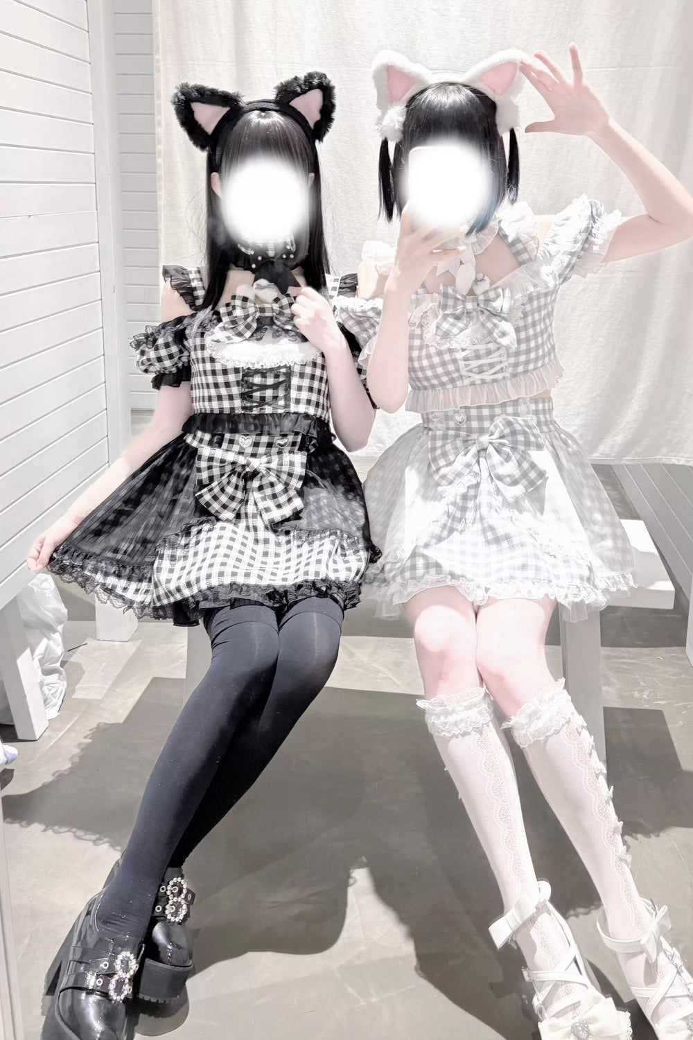 Plaid Stage Jirai Kei Outfit, Furry Bunny Ear Blouse, Skirt 43614:780916