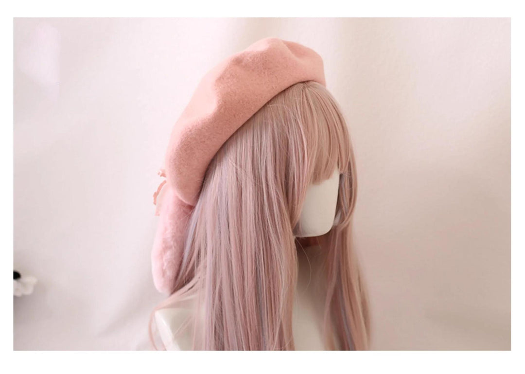 Jirai Kei Pink Hat Plush Rabbit Ear Bow Wool Beret 33804:447158 33804:447158