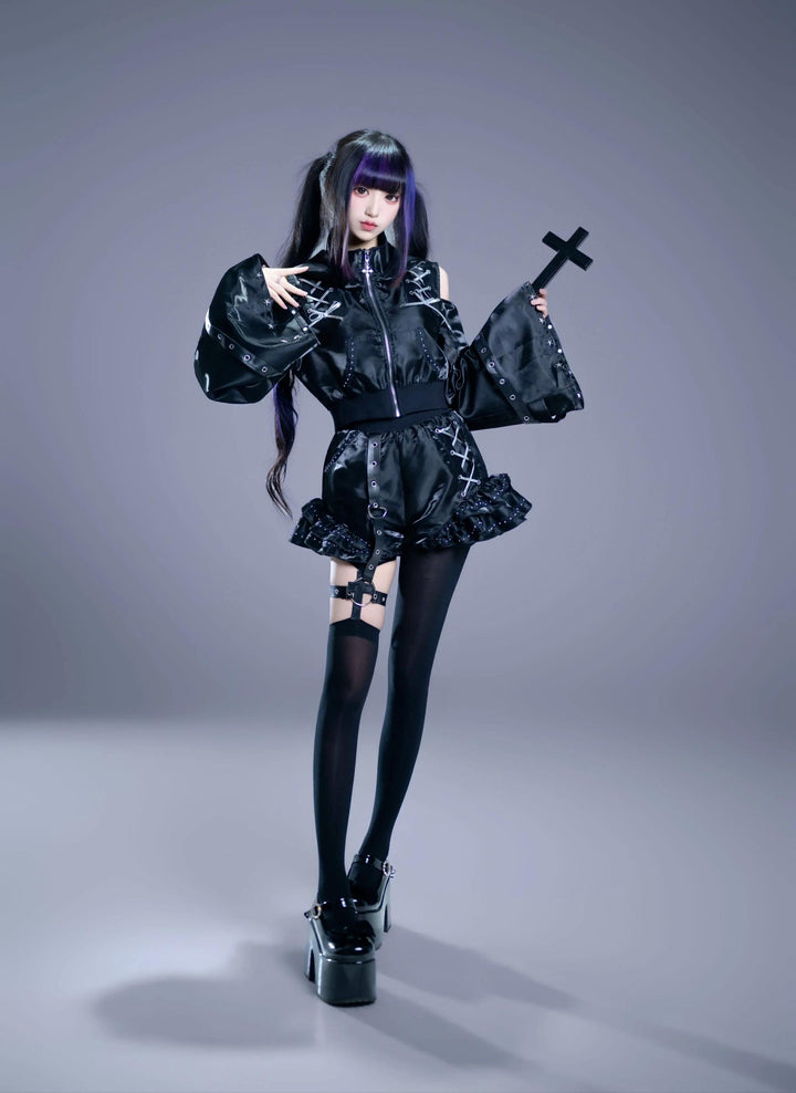 Gothic Hooded Crop Jacket & Shorts Set, Cat Ear 46064:874099