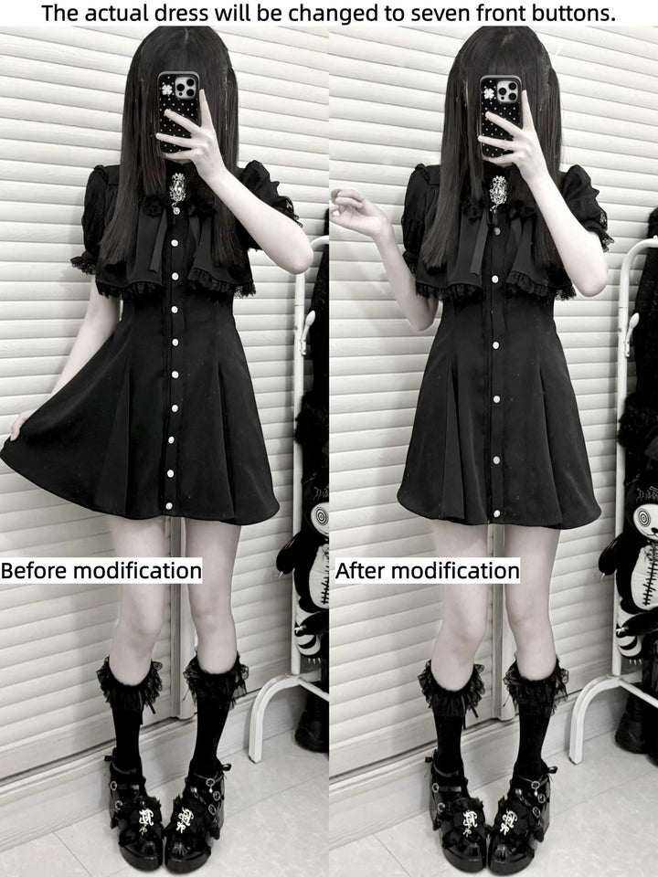 Layered Jirai Kei Dress, Detachable Rhinestone Bow 45196:841352