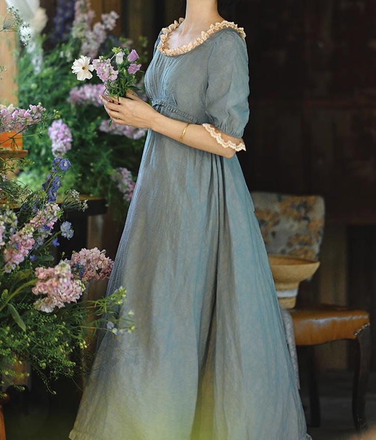 Mori Kei Fairy Dress High-Waisted Dress Mid-Sleeve Dress 36342:547128