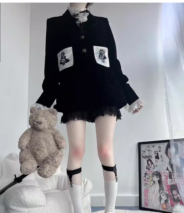 Ouji Lolita Prince Outfit Set Black Skirt Velvet Shorts Set 39368:631972