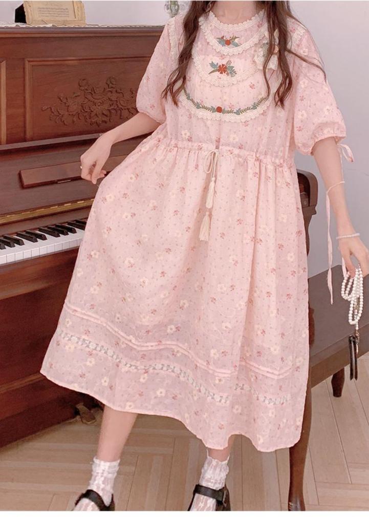Mori Kei Dress Pink Floral Dress Short Sleeve Dress 36208:523744