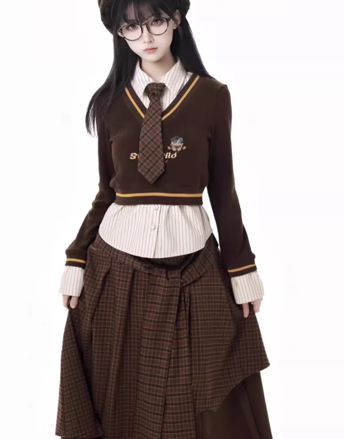 Preppy Outfit Set Fake Two-Piece Sweatshirt Pleated Skirt Set 41116:696554