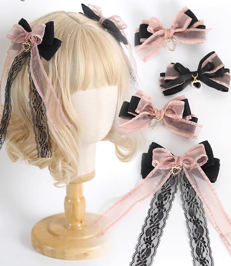 Jirai Kei Black Pink Hair Pin With Lace And Bow 22530:322918 22530:322918