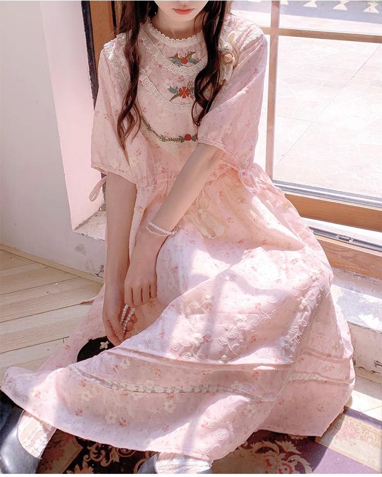 Mori Kei Dress Pink Floral Dress Short Sleeve Dress 36208:523680