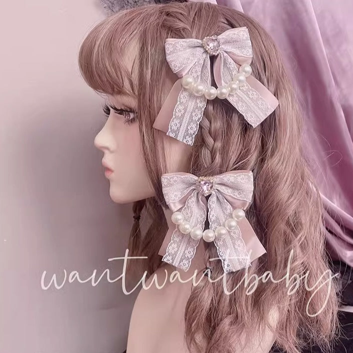 Handmade Jirai Kei Lolita Plaid Lace Pearl Bow Hair Clip 21764:314838 21764:314838