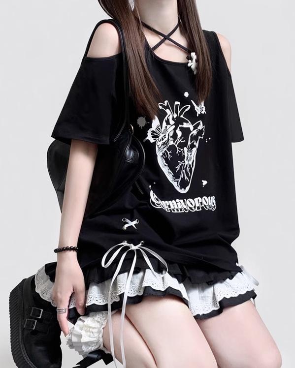 Jirai Kei Shirt Off-Shoulder Short Sleeve T-shirt 35530:495454