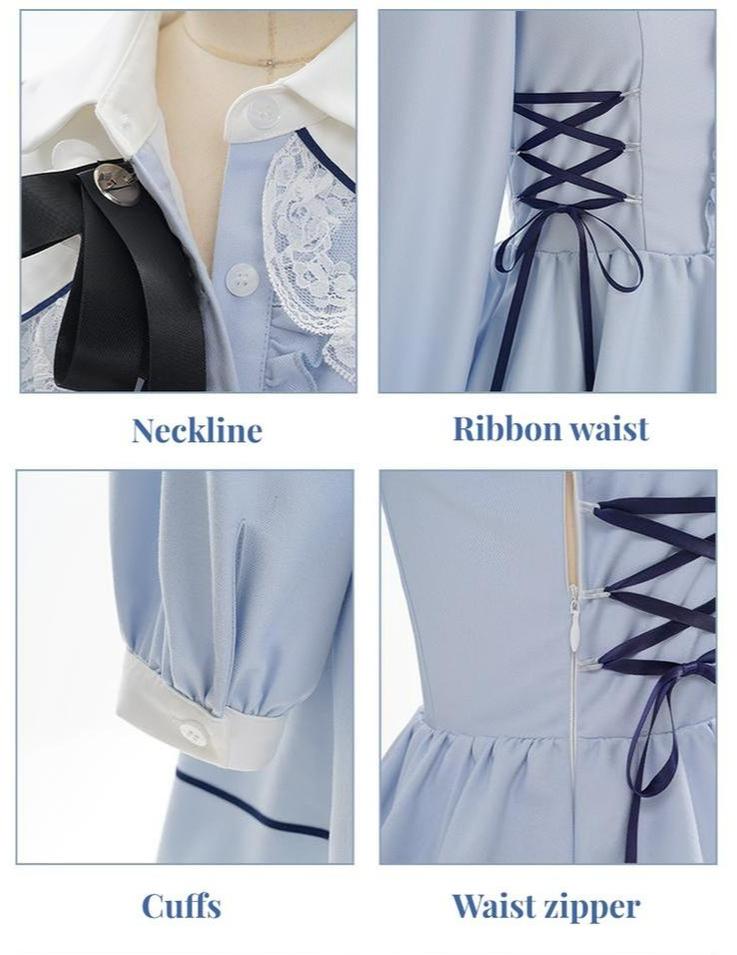 Kawaii French Style Light Blue Long Sleeve Ribbon Dress 21990:327722