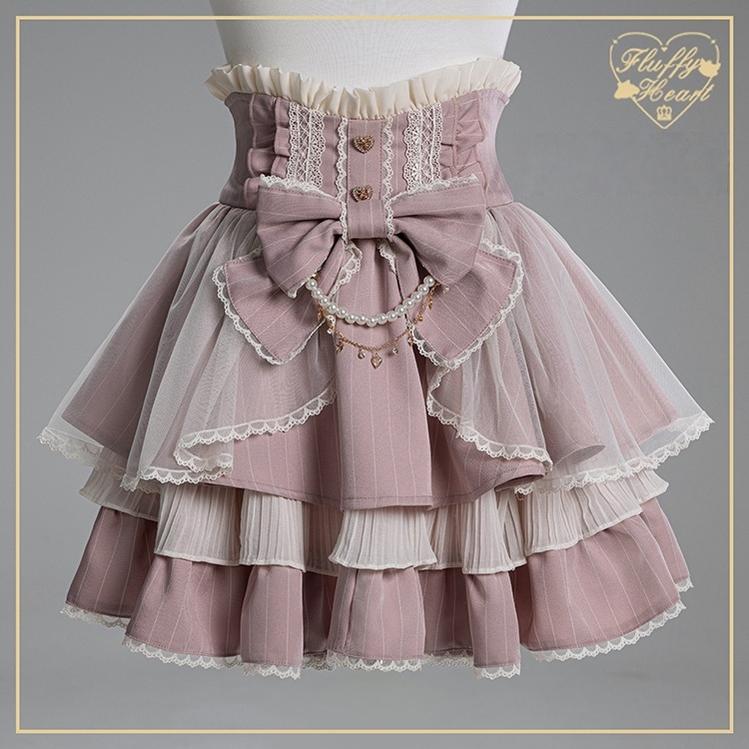 Striped High Waist Jirai Kei Skirt, Detachable Bow 43679:782843