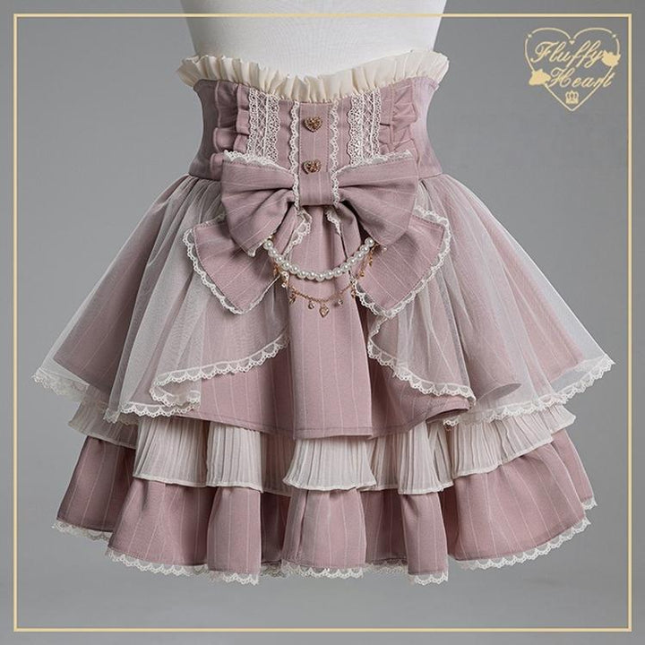 Striped High Waist Jirai Kei Skirt, Detachable Bow 43679:782843